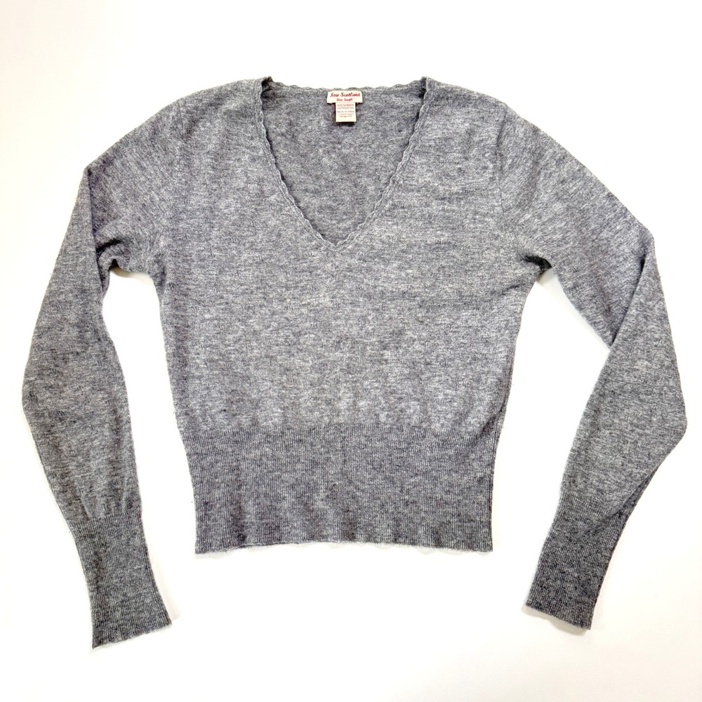 New Scotland V-Neck Sweater Women Gray Cashmere Blend Pointelle Scalloped Small